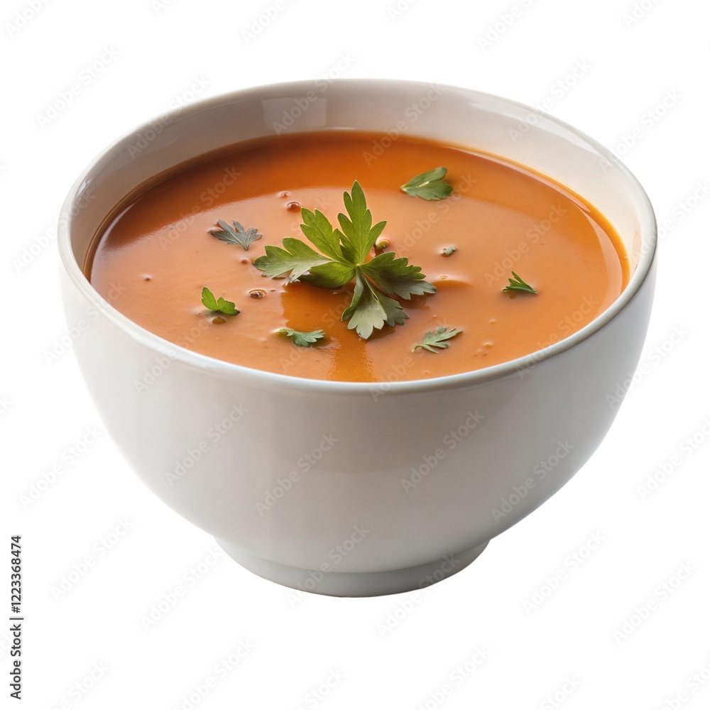 Warm bowl of orange soup garnished with fresh herbs for a cozy meal experience by the kitchen window Warm bowl of orange soup garnished with fresh herbs for a cozy meal experience by the kitchen window