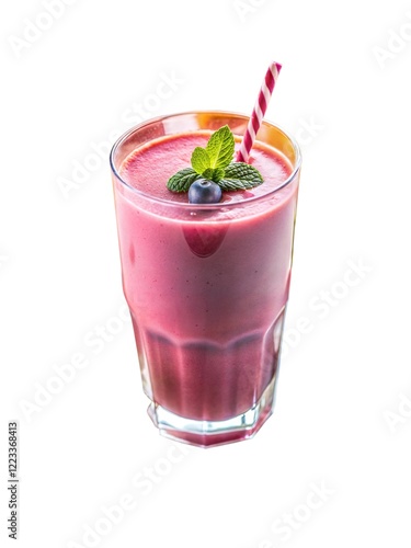 Refreshing berry smoothie with strawberries and mint served in a glass on a white background