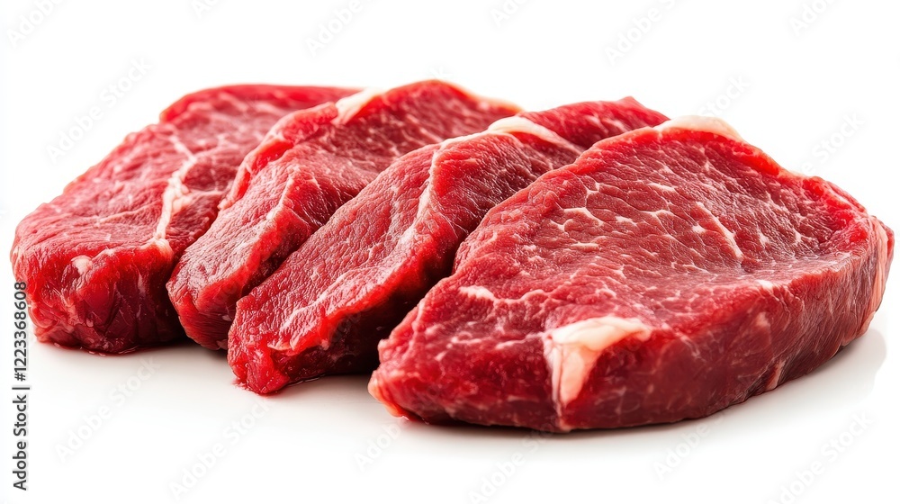 Fresh Cuts of Raw Red Meat Displayed on a White Background Fresh Cuts of Raw Red Meat Displayed on a White Background