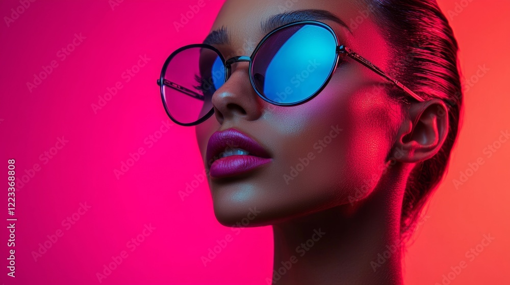 Vibrant portrait of a woman in blue sunglasses against a pink background Vibrant portrait of a woman in blue sunglasses against a pink background