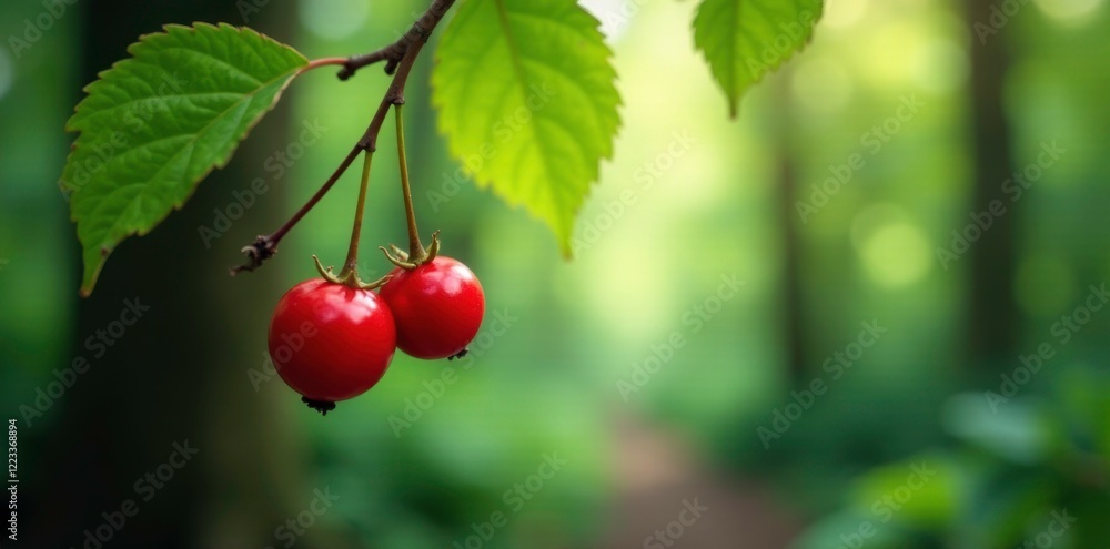 Obraz premium Red berry hanging from a branch in the forest canopy, forest life, branches