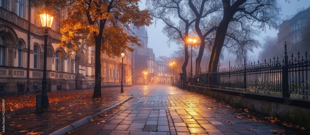 Obraz premium Misty Autumn Evening on a Cobblestone Street