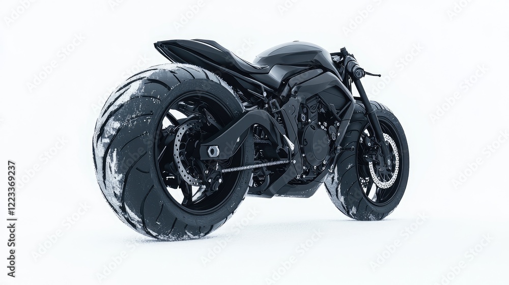 Black motorcycle rear view, studio shot, winter tires, white background, transport advertising Black motorcycle rear view, studio shot, winter tires, white background, transport advertising