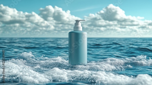 Blue Cosmetic Bottle Floating on Ocean Waves Under a Cloudy Sky