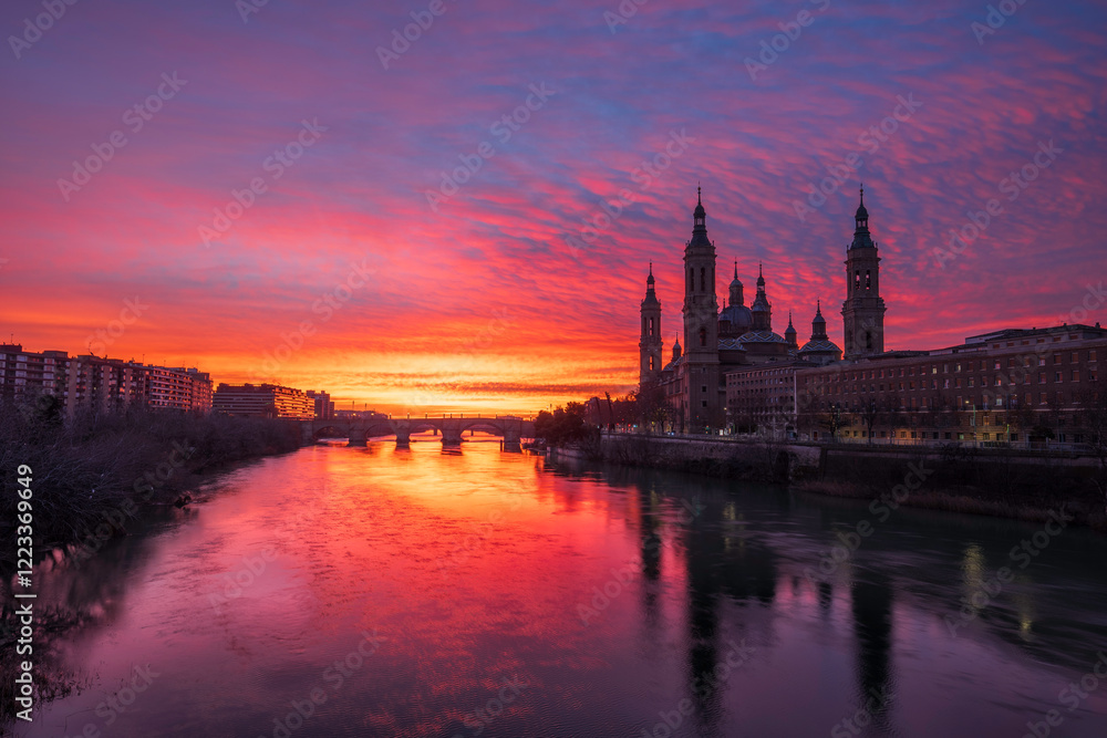 Obraz premium Amanecer en Basílica del Pilar de Zaragoza con río Ebro y Puente de piedra