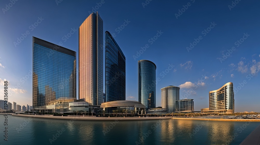 This panoramic cityscape showcases the vibrant downtown of Abu Dhabi, the capital of the United Arab Emirates. The foreground highlights the towering skyscrapers of the financial district This panoramic cityscape showcases the vibrant downtown of Abu Dhabi, the capital of the United Arab Emirates. The foreground highlights the towering skyscrapers of the financial district