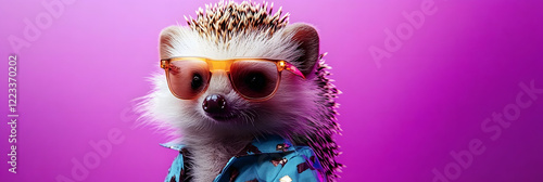 Adorable hedgehog wearing sunglasses and flashy suit on vibrant purple background