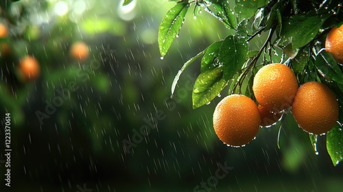 Ripe tangerines hang from branches, surrounded by lush green leaves in an orchard, illuminated by soft sunlight.