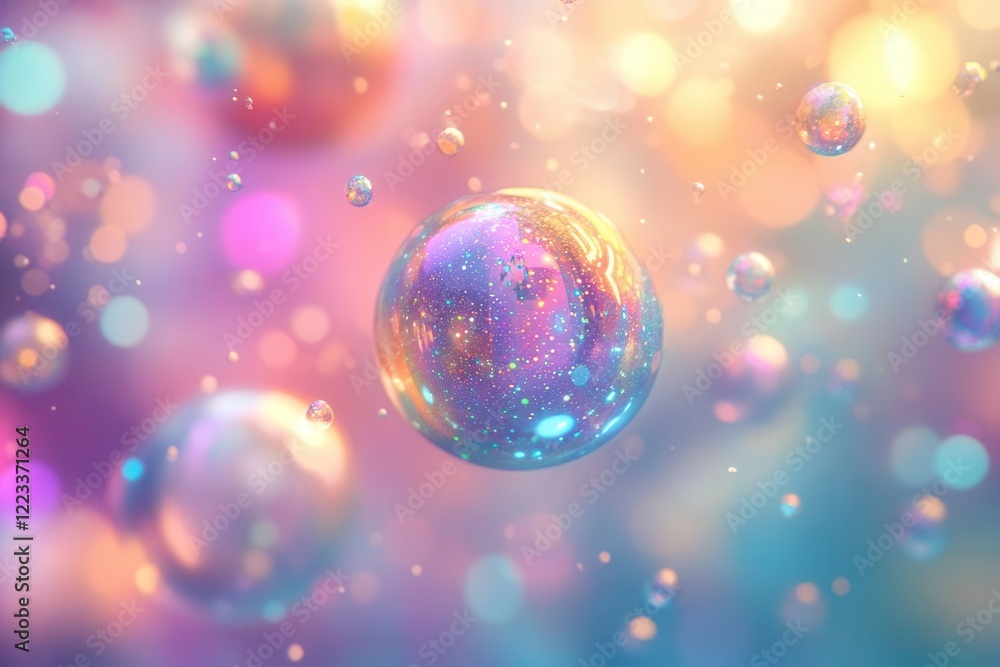 ethereal 3d spheres floating in a cosmic void, iridescent surfaces reflecting prismatic light, abstract geometric forms in pastel hues merging with digital particles ethereal 3d spheres floating in a cosmic void, iridescent surfaces reflecting prismatic light, abstract geometric forms in pastel hues merging with digital particles