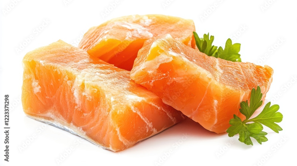 Fresh Salmon Fillets with Green Herb Garnish on White Background Fresh Salmon Fillets with Green Herb Garnish on White Background