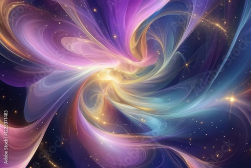 ethereal abstract painting with dynamic swirls of iridescent colors, flowing like cosmic nebulae against a deep space background, with golden accents and luminous translucent layers photo