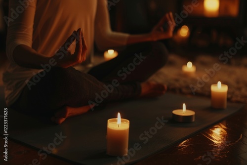 Young caucasian woman meditating with candles in a peaceful zen setting