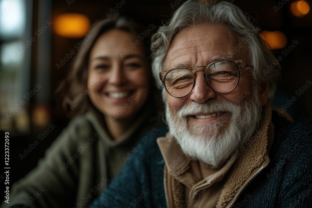 Smiling Together: A portrait of a joyful senior man with a full beard and glasses smiling genuinely, his daughter smiles gently in the background. Captures the beautiful bond between generations. Smiling Together: A portrait of a joyful senior man with a full beard and glasses smiling genuinely, his daughter smiles gently in the background. Captures the beautiful bond between generations.