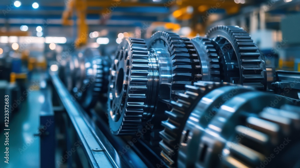 Industrial gears on conveyor belt in modern factory automation setting