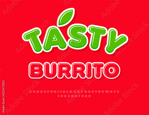 Vector Delicious label Tasty Burrito. Glossy Red Font. Fashion Uppercase Alphabet Letters and Numbers set