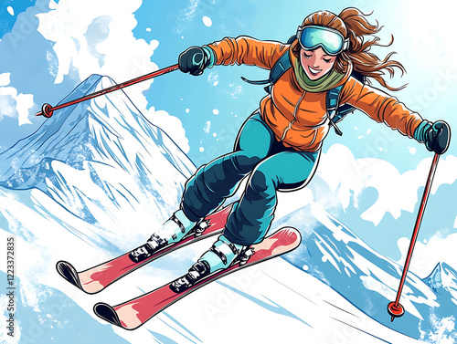A lady playing ski with snow mountain view illustration