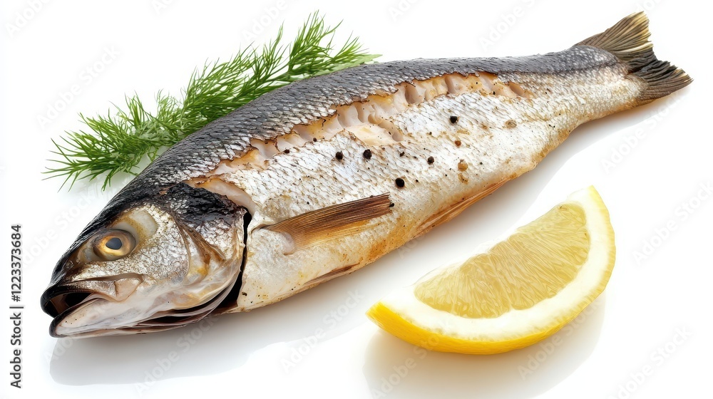 Fresh Fish with Lemon Slice and Garnish on White Background Fresh Fish with Lemon Slice and Garnish on White Background