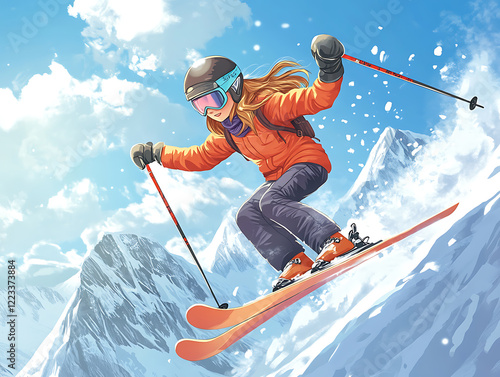 A lady playing ski with snow mountain view illustration