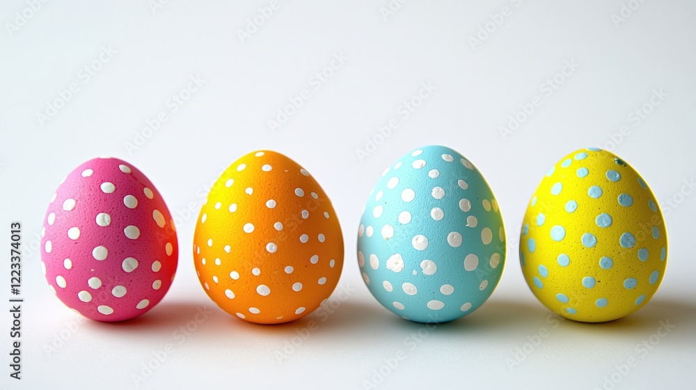 At the bottom of the image are five easter eggs with free space on top of image for text, white background At the bottom of the image are five easter eggs with free space on top of image for text, white background