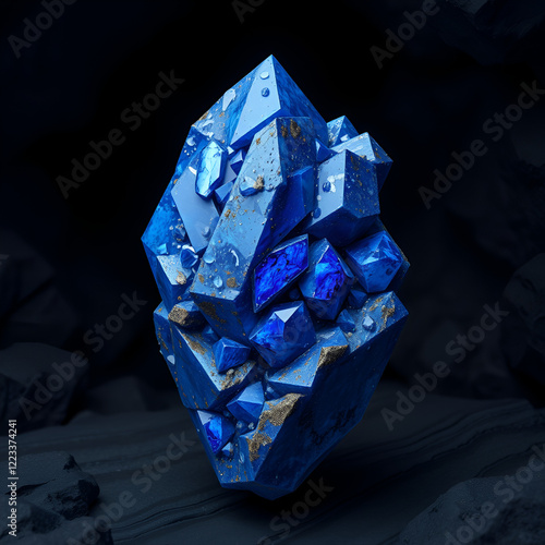 Lapis lazuli crystal, artificial illustration of the shimmering mineral, arranged and presented in a dark cave, made with photo