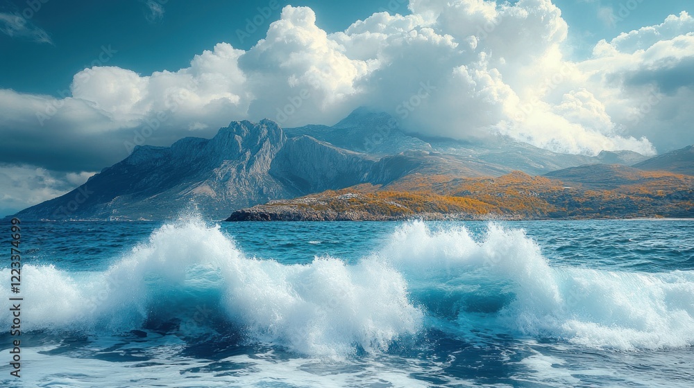 Naklejka premium Majestic Mountain and Ocean Waves