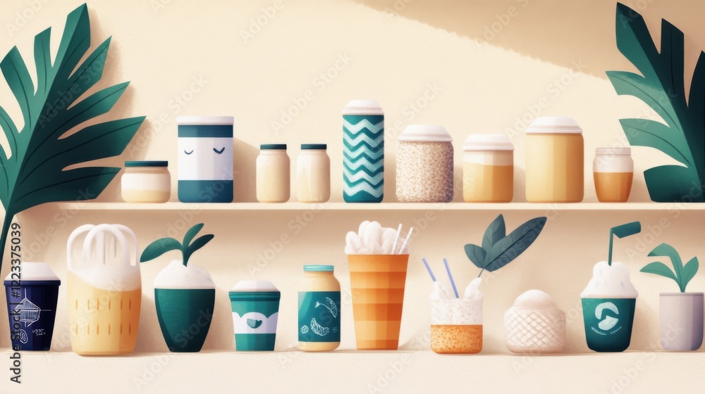 Colorful display of various beverage containers and utensils on a shelf with tropical plants Colorful display of various beverage containers and utensils on a shelf with tropical plants