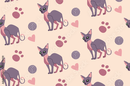 Seamless flat style pattern featuring elegant sphynx cats, yarn balls, paw prints, and hearts on a soft pastel background. Ideal for textiles, wallpapers, or pet-themed designs.