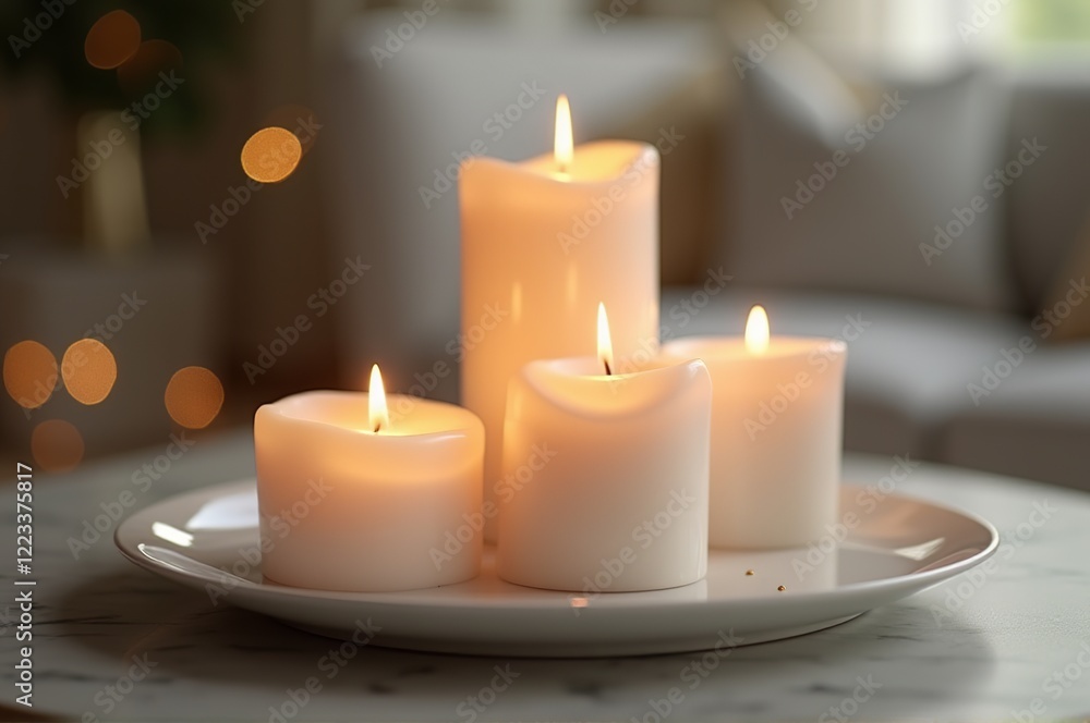 Flickering flames on elegant candles cast a gentle glow, enhancing the tranquil ambiance of a stylish living room adorned with soft furnishings and subtle decor, inviting relaxation Flickering flames on elegant candles cast a gentle glow, enhancing the tranquil ambiance of a stylish living room adorned with soft furnishings and subtle decor, inviting relaxation