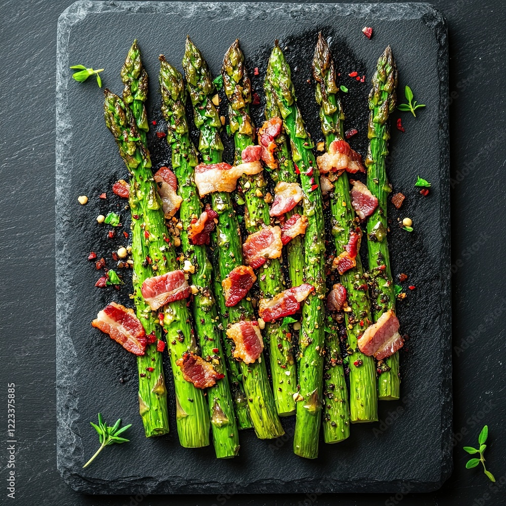 Fototapeta premium Baked asparagus with bacon and spices on a black stone plate. Top view. place for text.