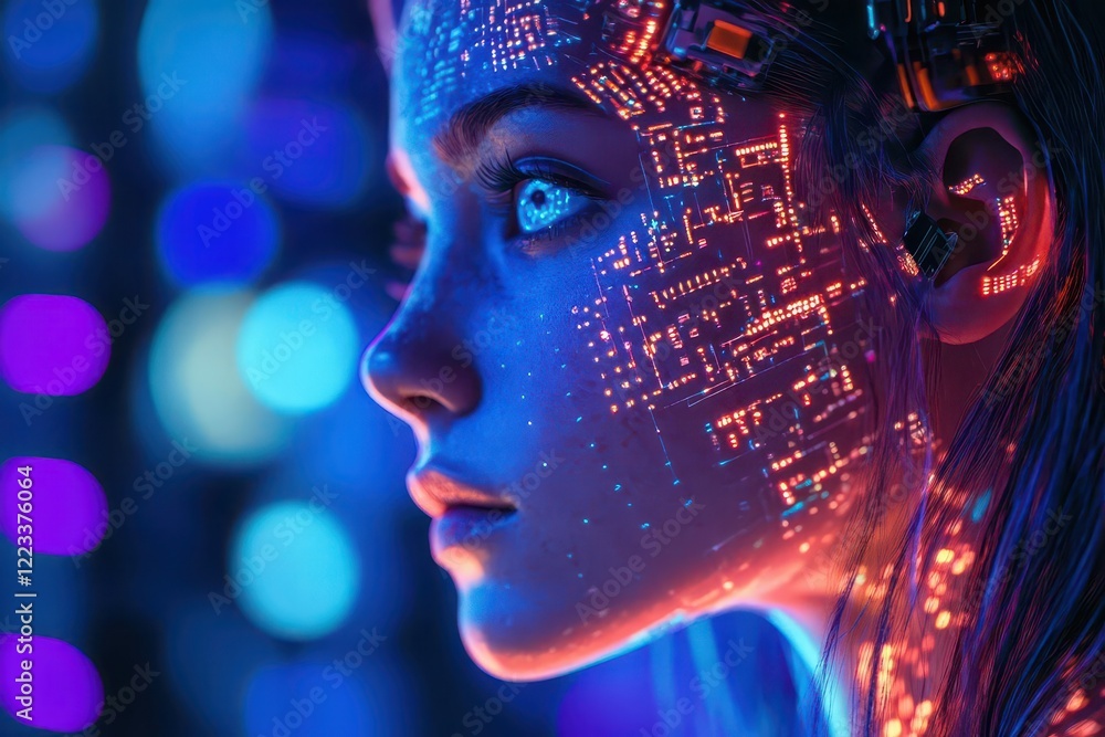 ethereal female portrait merged with circuit patterns, iridescent lighting, cyberpunk aesthetic, deep blues and purples ethereal female portrait merged with circuit patterns, iridescent lighting, cyberpunk aesthetic, deep blues and purples