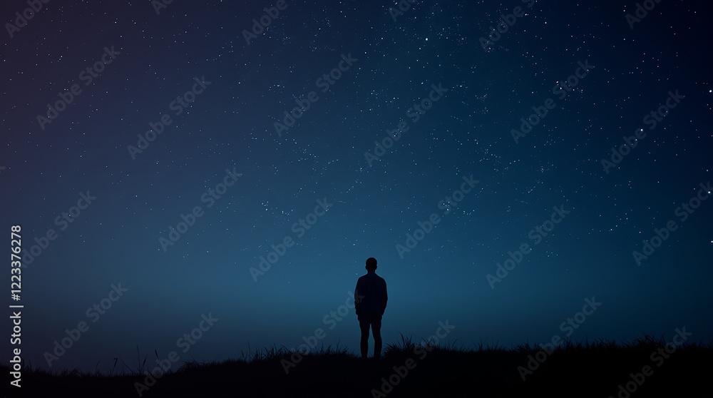 Silhouette of a person under a starry night sky. Silhouette of a person under a starry night sky.