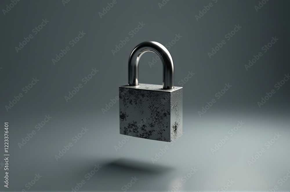 Naklejka premium A metal padlock is suspended in soft light, showcasing its textured surface and metallic sheen. Its rustic appearance hints at stories untold and secrets held within