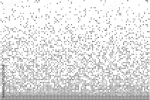 Abstract simple black halftone texture consists of dispersed square dots on a white background. Geometric pixel vector shape elements pattern for presentation design or banner