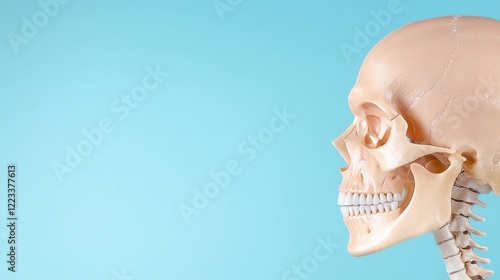 Human skull model profile, light blue background, anatomy study, medical education photo