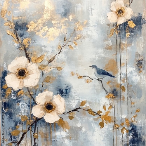 Bluebird perched on flowering branch, gold accents, abstract background, home decor
