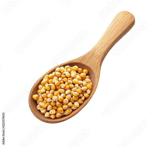 Corn seeds displayed in a wooden spoon against a Transparent background showcasing natural colors and texture, Corn seeds in wood spoon isolated on PNG background