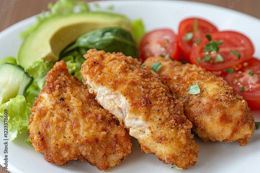 Fried chicken and fresh vegetable salad of tomatoes, avocado, lettuce and spinach. Healthy and detoxification nutrition concept. Fried chicken and fresh vegetable salad of tomatoes, avocado, lettuce and spinach. Healthy and detoxification nutrition concept.