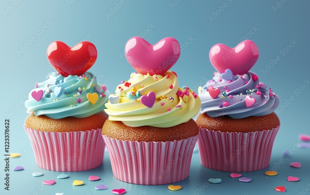 3D icon cartoon colorful cupcakes with heart toppers and sprinkles for Saint Valentines Day and 8 March Womans Day 3D icon cartoon colorful cupcakes with heart toppers and sprinkles for Saint Valentines Day and 8 March Womans Day