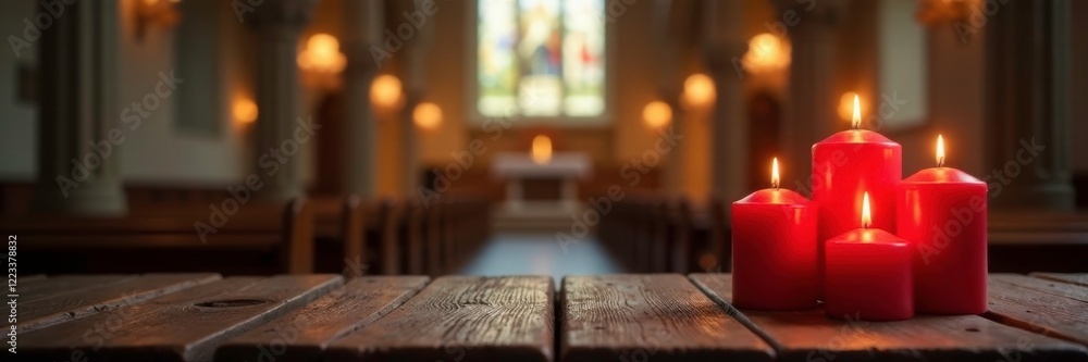Red candles on a wooden table in front of a church, serene, calm, church Red candles on a wooden table in front of a church, serene, calm, church