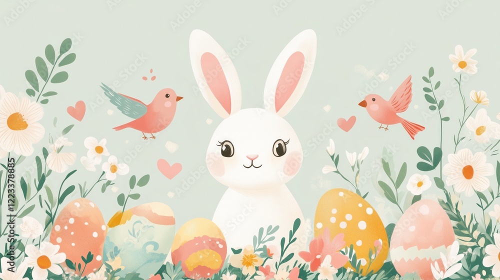 Happy Easter card with cute bunny, eggs, birds and flowers elements, vector illustration Happy Easter card with cute bunny, eggs, birds and flowers elements, vector illustration