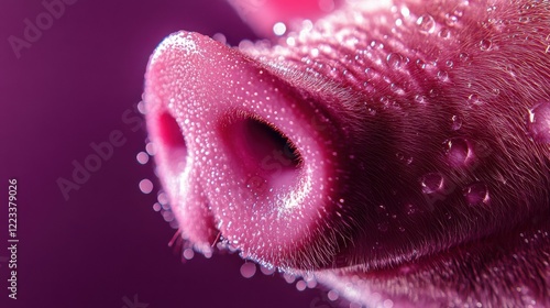 Close-up of wet pig snout with water droplets in pink hue