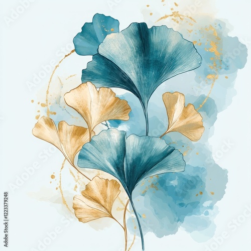 Teal and gold Ginkgo leaves watercolor art print