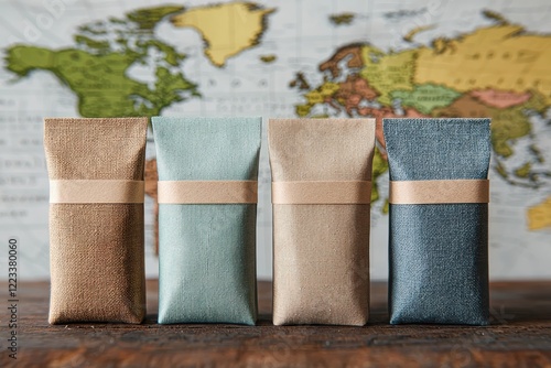 Four textured pouches in earthy tones are displayed against a world map background, suggesting a theme of travel or global culture. photo