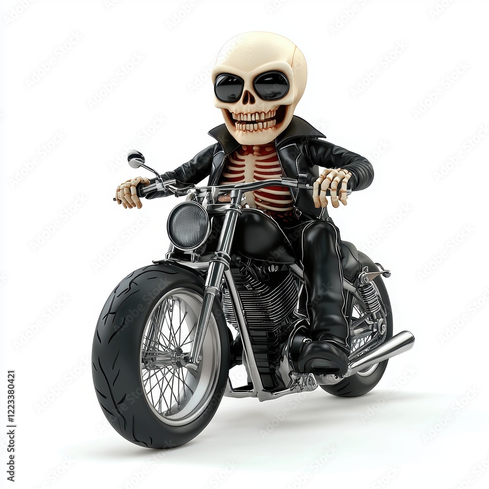 3D icon cartoon of a skeleton riding a motorcycle with a leather jacket, isolated on a white background 3D icon cartoon of a skeleton riding a motorcycle with a leather jacket, isolated on a white background