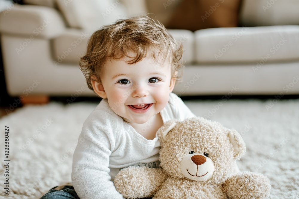 smiling 2-year-old child sitting on carpet holding a teddy bear in cozy light living room smiling 2-year-old child sitting on carpet holding a teddy bear in cozy light living room