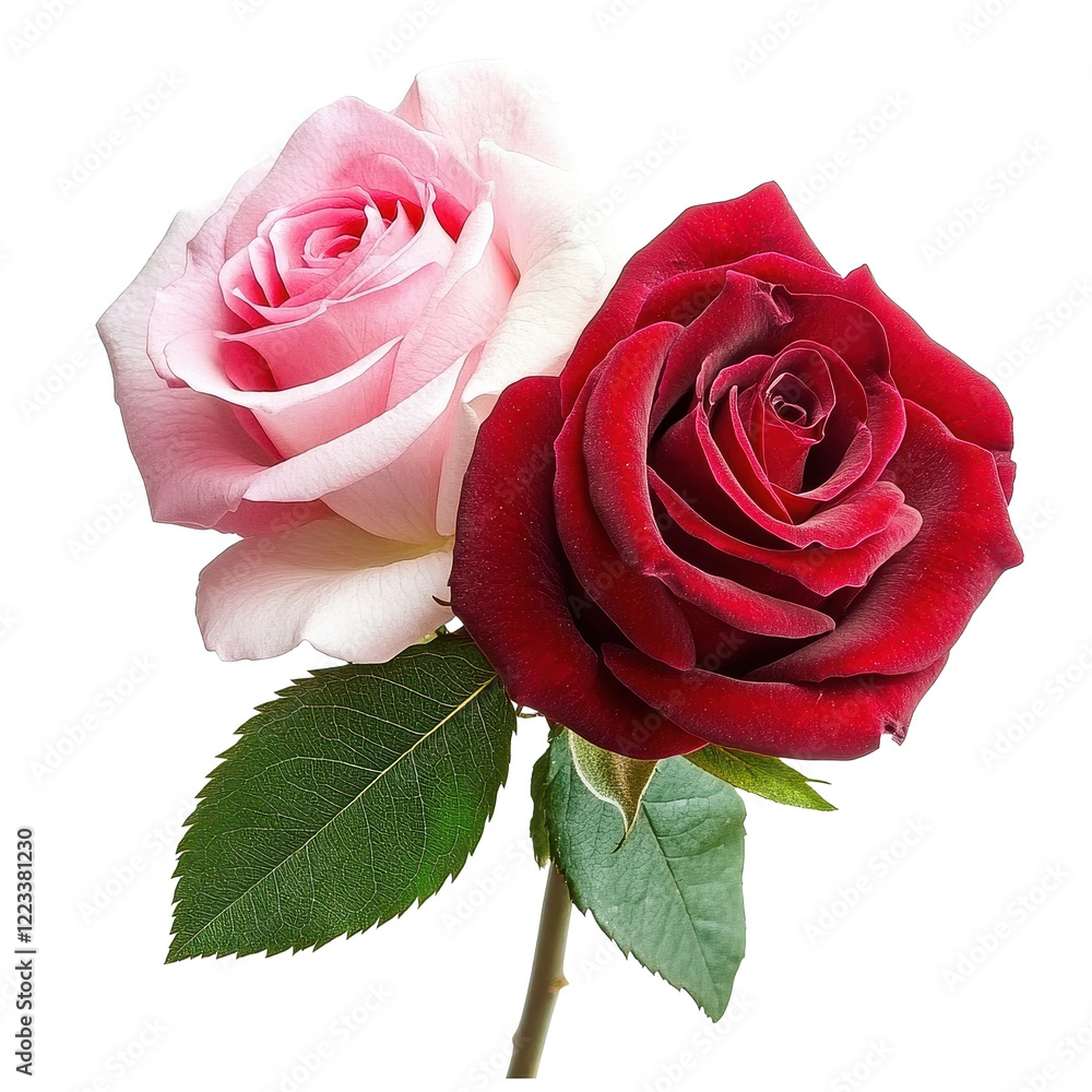Naklejka premium Red and pink roses with green leaves isolated on a pure Transparent background, red and pink rose with leaf isolated on PNG background