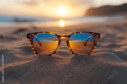 Wallpaper Mural Stylish Sunglasses Reflecting Tranquil Beach Sunset on Sandy Shoreline Torontodigital.ca