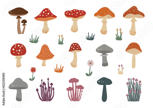 Mushroom flat Illustration Icons set, Floating plant
and tree Vector Art Illustration Clipart. set of mushroom Illustration bundle	