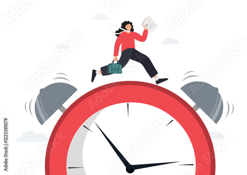 Business woman running late for work, stressed woman rushing to meeting woman with briefcase running against the clock, time management concept? flat vector illustration