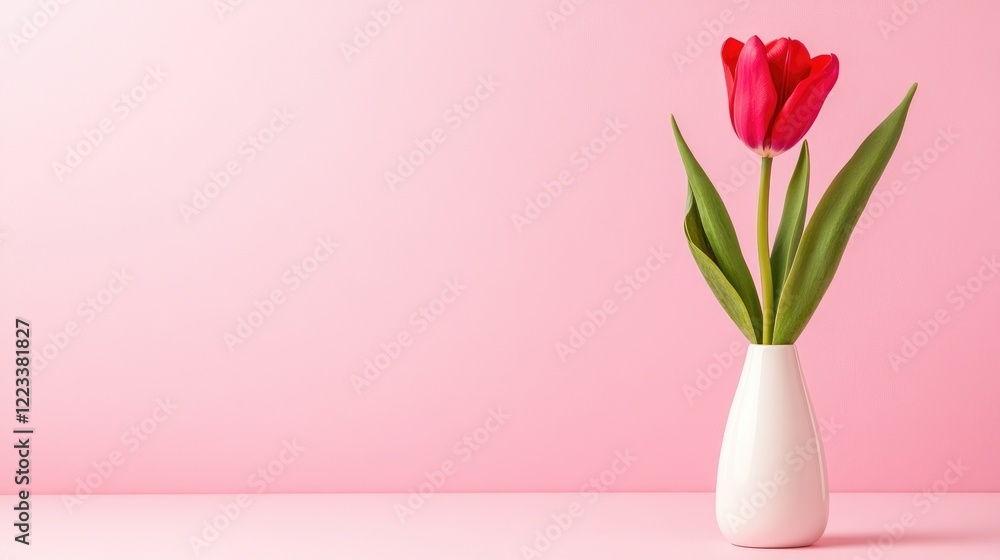 Obraz premium Red Tulip In Modern Vase On Light Pink Background.